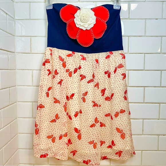 🍓Judith March Mini Dress Sweetheart strapless 3-D flower Blue Red Cream Medium - Picture 10 of 11